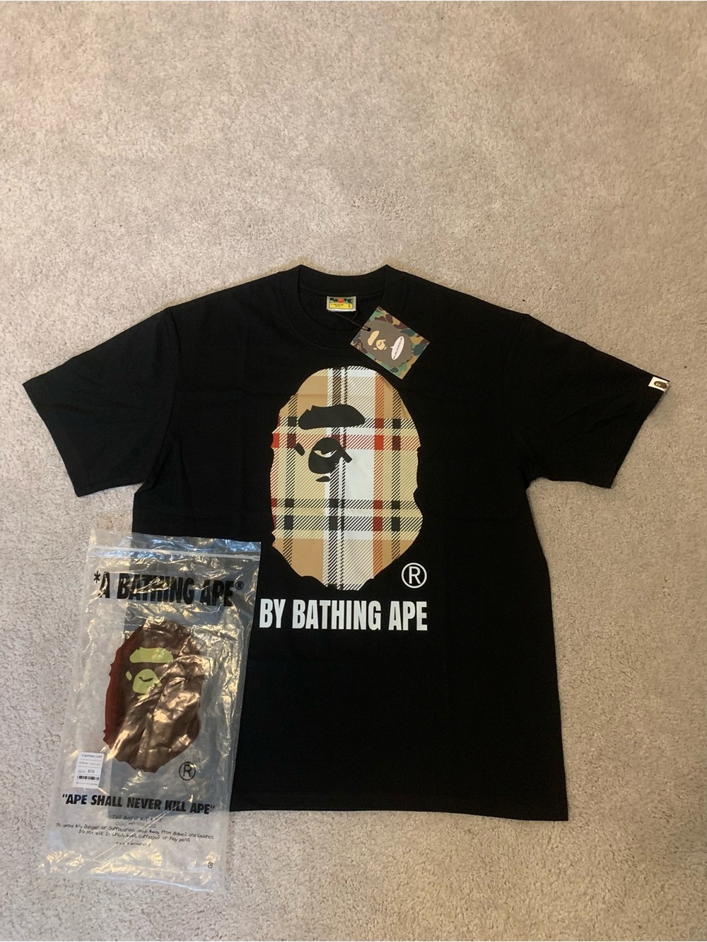BAPE Short-Sleeve Ape Head Tee in Black with Beige Plaid